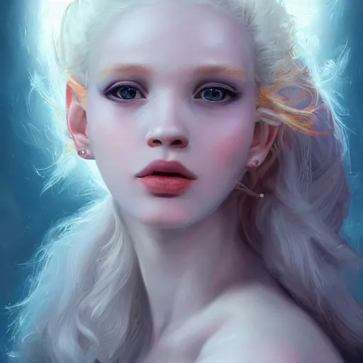 Image similar to A masterpiece portrait of a A model-looking albino girl with large piercings. Greek nose. Goddess of life and love trending on artstation, digital art, by Stanley Artgerm Lau, WLOP, Rossdraws, James Jean, Andrei Riabovitchev, Marc Simonetti, Yoshitaka Amano