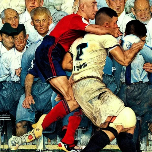 Prompt: benjamin netanyahu headbutting zinedine zidane on a football field, by norman rockwell and michael cheval, highly detailed