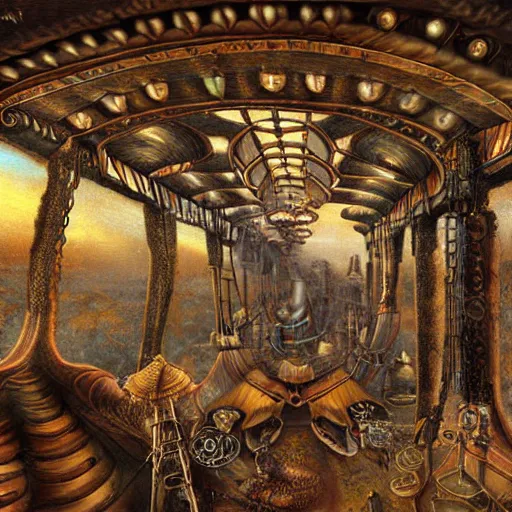 Image similar to surrealist landscape, inside steampunk ant citya, painting, highly detailed