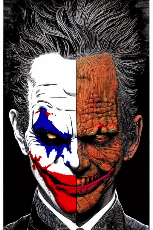 Image similar to colorful!!! joker portrait by laurie greasley and hans bellmer, ( ( etching by gustave dore ) ), ultraclear intricate, sharp focus, highly detailed digital painting illustration, concept art, masterpiece