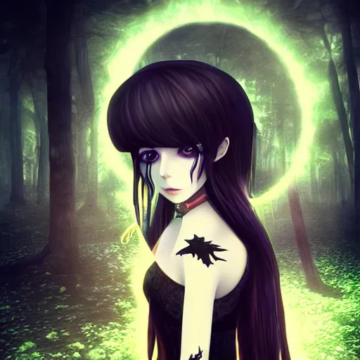 Image similar to portrait of beautiful darkness witch as a 3D anime girl, dark forest moonlight background, inspired by Tim Burton, digital painting, unreal engine render, volumetric light, high détail