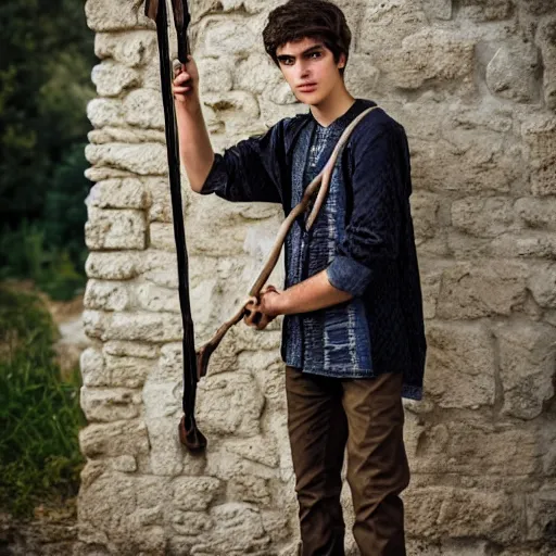 Image similar to a handsome Mediterranean 17 year old man in Biblical clothes holding a slingshot, DSLR photography