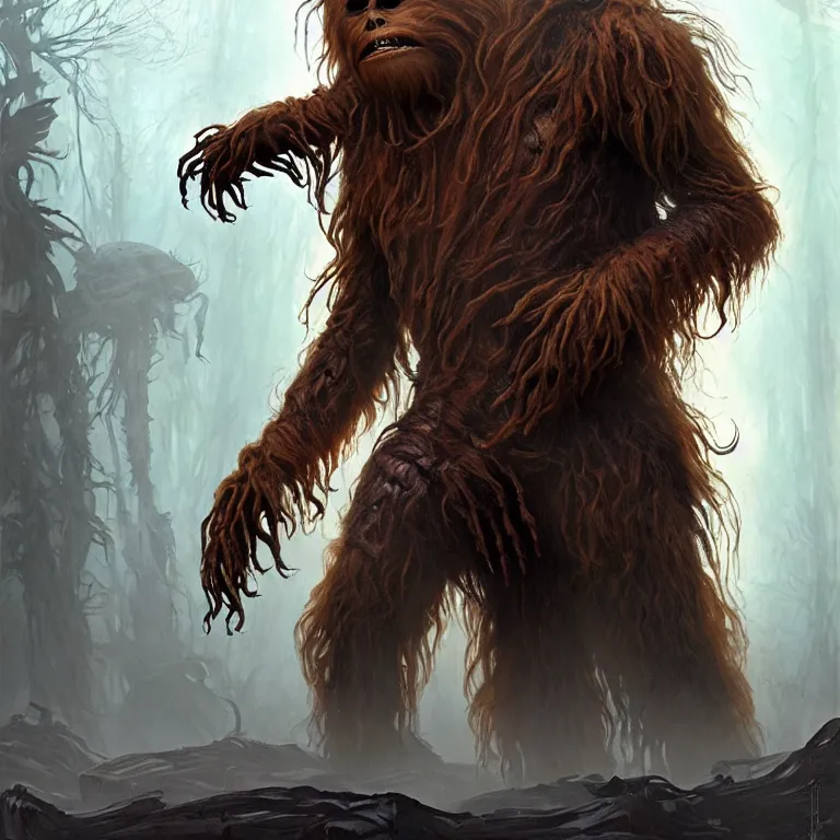 Image similar to scary horrific zombie chewbacca and wookies on the planet kashyyyk, dark star wars fantasy, body horror, sores and scars, undead. highly detailed, biopunk, digital painting, by greg rutkowski, artgerm and alphonse mucha