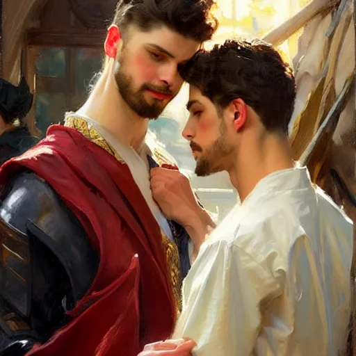 Prompt: attractive fully clothed king confesses his love for his attractive fully clothed male prince. highly detailed painting by daniel f. gerhartz, j. c. leyendecker 8 k