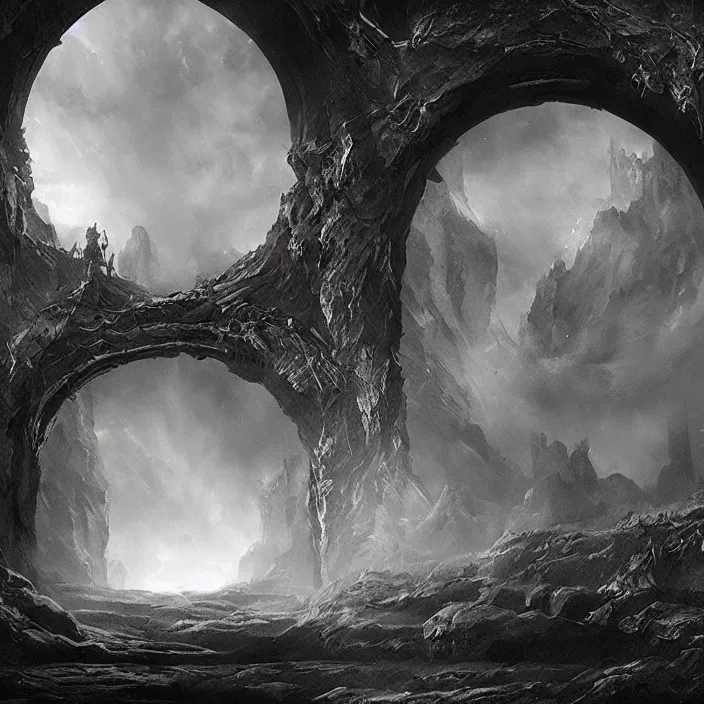 Prompt: gazing through a black archway to the void, black night, intricate high detail matte painting masterpiece