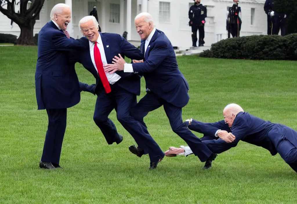 Prompt: joe biden gets tackled by donald trump in front of the white house on the lawn