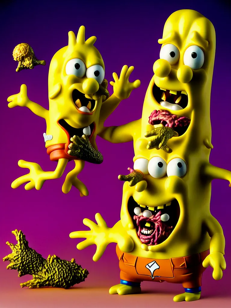 Image similar to hyperrealistic rendering, fat smooth john carpenter flesh monster spongebob by art of skinner and richard corben and jeff easley, product photography, action figure, sofubi, studio lighting, colored gels, colored background