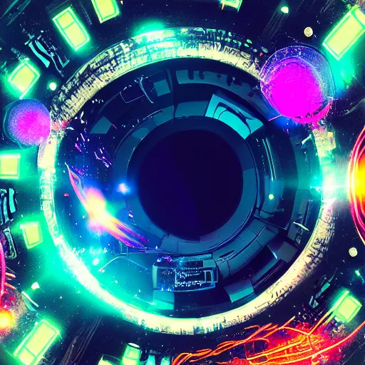 Image similar to cyberpunk space station, black hole and galaxy background, neon, space art, realism