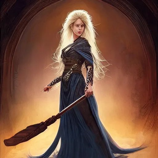 Prompt: action portrait of a young pretty female sorceress holding a staff. wearing a flowing dress, arrogant, mysterious, long fine hair, delicate, looking at camera!!!, slightly awkward smile!, realistic face, intricate, stylish, elegant, grimdark fantasy, vibrant, extremely detailed painting by Greg Rutkowski and Steve Henderson and Harumi Hironaka