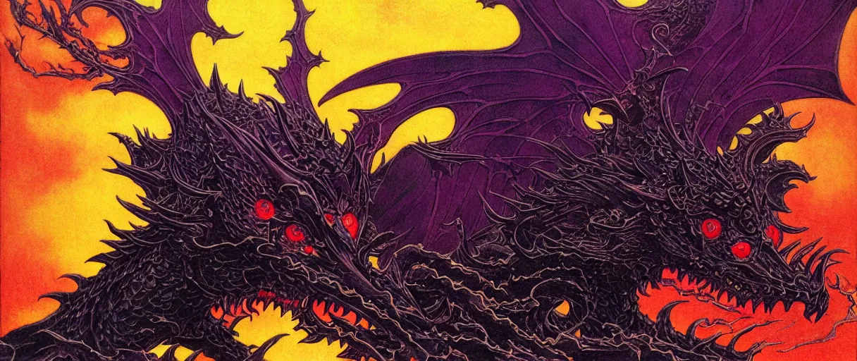 Prompt: composition of gothic, red eyes black dragon, warhammer, cyber japan style, more and more scars, thunderstorm, fire heads, purple and yellow, highly detailed, artstation, in the style of moebius, jugendstil and classic japanese print, art by jean delville and rene magritte