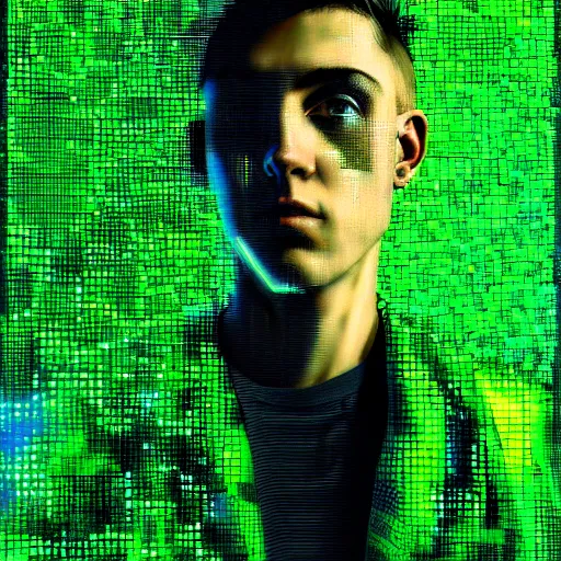 Image similar to hyperrealistic portrait of a cyberpunk teenager, male, short hair, confident, cybernetics, immersed within a glitch network, by Guy Denning, Metzinger, Russ Mills, glitch art, hyper focus, fine detail, fined detail, polished, complex, hacking effects, digital tech effects, chromatic, color blocking!, green, realistic, acrylic on canvas, concept art, abstract, trending on cgsociety, trending on artstation