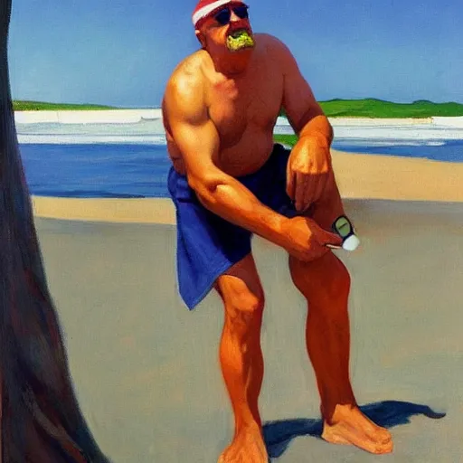 Prompt: hulk hogan drinking a PBR on the beach, painting by Edward hopper