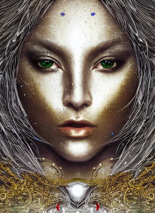 Prompt: glowing silver and golden elements, full close-up portrait, crow from shutterstock, book cover, green forest, white moon, red lips, establishing shot, extremly high detail, photo-realistic, cinematic lighting, pen and ink, intricate line drawings, by Yoshitaka Amano, Ruan Jia, Kentaro Miura, Artgerm, post processed, concept art, artstation, matte painting, style by eddie mendoza, raphael lacoste, alex ross