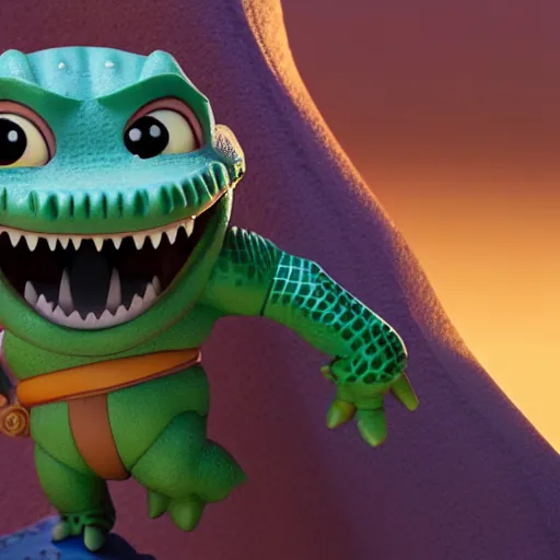 Image similar to antropomorphic crocodile warrior in aladdin's world as nendoroid walking in a desert in the croods movie style, anime, disney, pixar, 8 k, hd, dof, kodak film, volumetric lighting, subsurface scattering, photorealistic, octane render, details