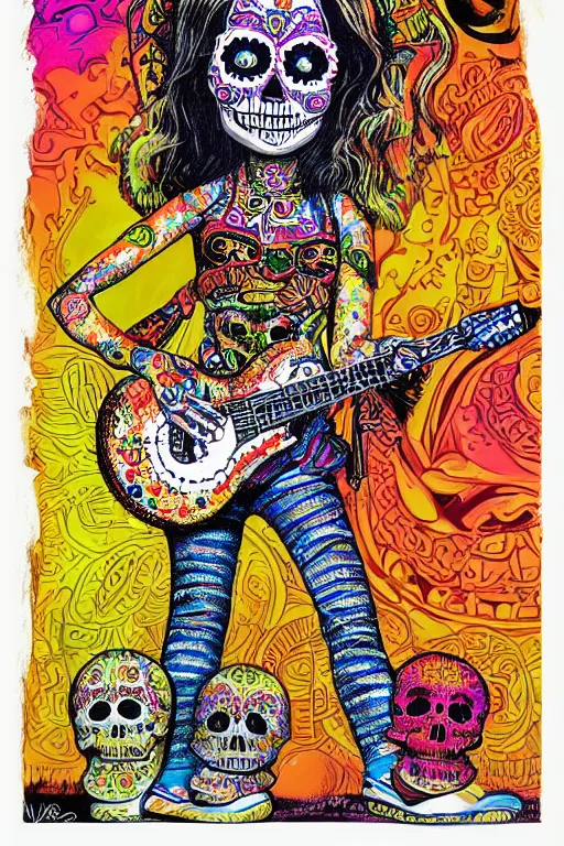 Prompt: realistic detailed psychedelic poster art of a cute Día de los Muertos girl playing electric guitar by Victor Moscoso Rick Griffin Art Noveau, masterpiece