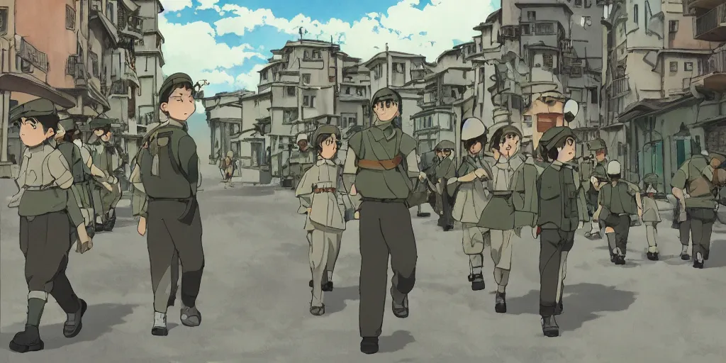 Image similar to wholesome animation studio Ghibli of a young soldier walking near some nazists and tanks in the city of Genova. Sharp bloom dramatic lightning