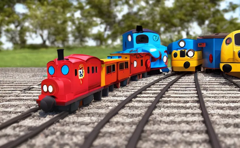 Image similar to four trains on tracks named speedy, sally, paul, and miguel : : children's show : : in the style of thomas the tank engine : : photography, 3 d render, happy mood