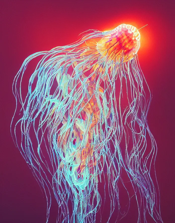 Prompt: dachshund jellyfish phoenix, burning halo, intricate artwork by Tooth Wu and wlop and beeple, greg rutkowski, hyperrealism, high detail, vibrant colors, high contrast, depth of field