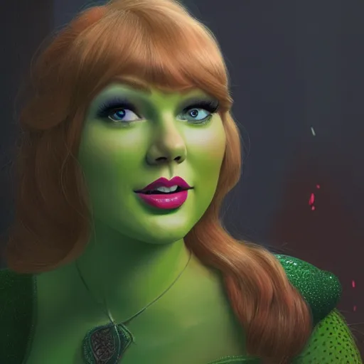 Image similar to portrait of Taylor Swift as Princess Fiona in Shrek 2001. HD, 4K. intricate abstract. intricate artwork. by wlop, beeple, dan mumford. trending on artstation, greg rutkowski very coherent symmetrical artwork. cinematic, hyper realism, high detail, octane render, 8k