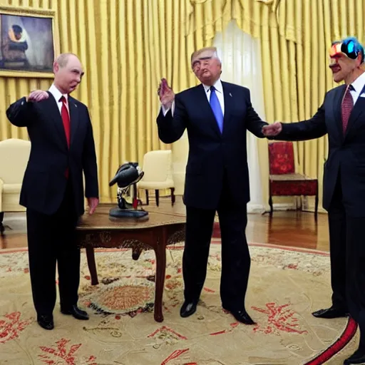 Image similar to putin, trump, obama and bush having a lightsaber battle and smiling