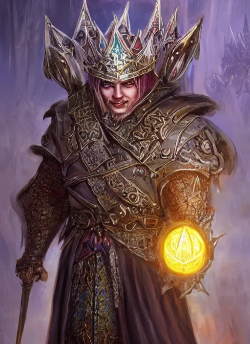 Image similar to evil king wearing diamong crown, ultra detailed fantasy, dndbeyond, bright, colourful, realistic, dnd character portrait, full body, pathfinder, pinterest, art by ralph horsley, dnd, rpg, lotr game design fanart by concept art, behance hd, artstation, deviantart, hdr render in unreal engine 5