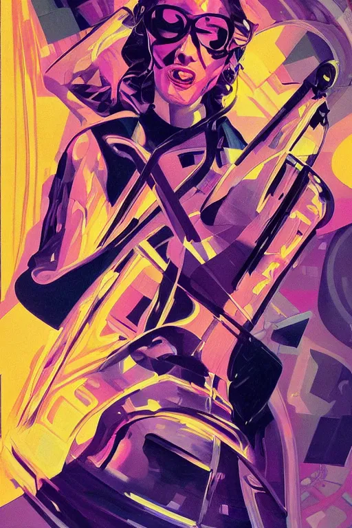 Prompt: wideangle action, portrait of a crazy cellist girl, shockwave, decoherence, synthwave, glitch!!, fracture, vortex, realistic, hyperdetailed, concept art, golden hour, art by syd mead, cubism