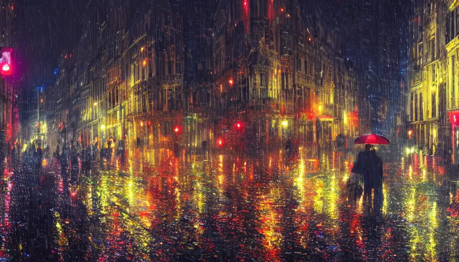 Prompt: brussels at rainy night, neons, lights, wet ground, people with umbrellas, hyperdetailed, artstation, cgsociety, 8 k