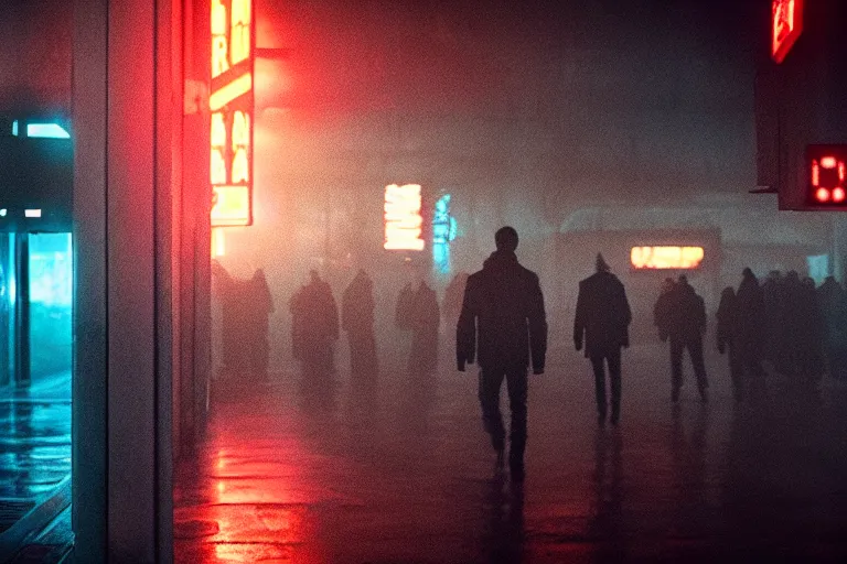 Image similar to film still of closeup drama in blade runner 2 0 4 9, train station, cinematic, moody, gritty neon noir by emmanuel lubezki