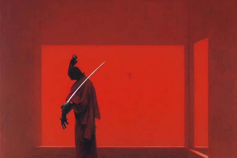 Image similar to only with red, a red samurai harakiri, tokio, a lot of frogs watch, in the style of beksinski, parts by edward hopper, parts by rodcenko, parts by yue minjun, intricate and epic composition, red by caravaggio, insanely quality, highly detailed, masterpiece, red light, artstation, 4 k