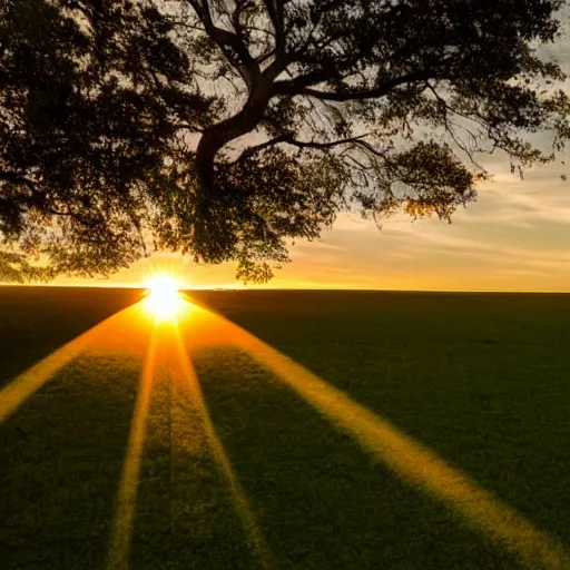 Image similar to big sun on horizon with smooth ground and parallel shadows