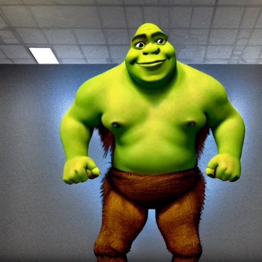 Shrek with six-pack abs working out at the gym