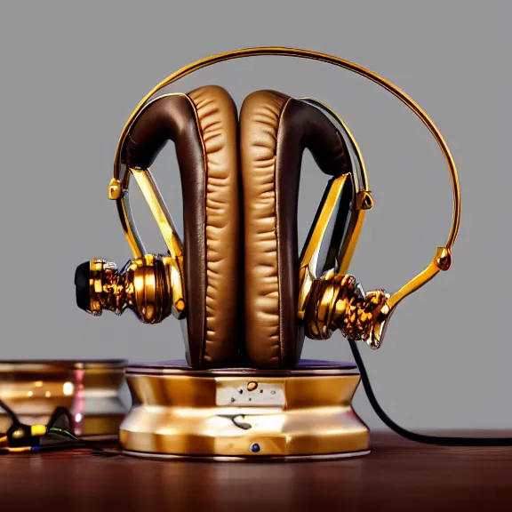 Image similar to masterpiece photo of beautiful crafted bismuth metal headphones, bismuth rainbow metal, bismuth cups, leather padding, displayed on mahogany desk, modernist headphones, bismuth headphones beautiful well designed, hyperrealistic, audiophile, intricate hyper detail, extreme high quality, photographic, meze audio, sennheiser, hifiman, artstation