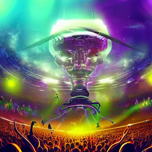 Image similar to a big concert in an alien planet, weird creatures, alien scenery, lots of people, big lights, volumetric, concert lights wide angle lens, digital art