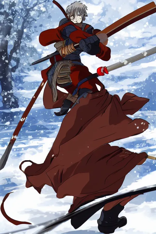 Image similar to anime style warrior with katana, snowy