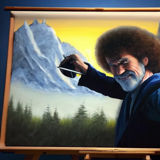 Image similar to a closeup photorealistic photograph of bob ross working on a canvas painting of batman. film still. brightly lit scene. mountains and trees. this 4 k hd image is trending on artstation, featured on behance, well - rendered, extra crisp, features intricate detail, epic composition and the style of unreal engine.