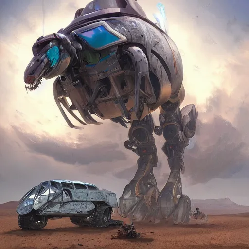 Prompt: giant horsefly robot monster attacking a silver school bus in the desert, ultra detailed, 8 k, greg rutkowski, artgerm, trending on artstation, award - winning art,