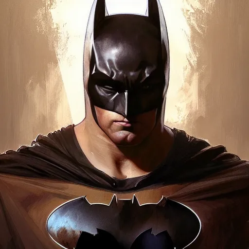 Prompt: painted portrait of batman by greg rutkowski craig mullins artgerm alphonse mucha, caustics, soft gentle face, buzz cut, handsome muscular upper body, mature warm tone, large brown pants, radiant light, lush background fantasy, intricate elegant detailed digital painting concept art artstation sharp focus illustration - n 4