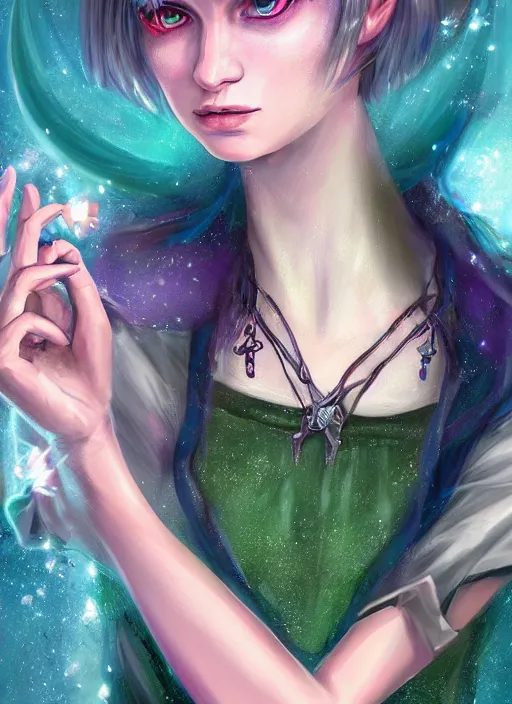 Image similar to Portrait of young female sorcerer, D&D fantasy, her hair is green and styled in a Bob Cut, magic particles fly from her hands, she has a distant expression, and is wearing a shirt and vest. A pixie with blonde hair floats above her shoulder. Intricate, highly detailed, digital painting, artstation, concept art, sharp focus, illustration, art by greg rutkowski and Ross Tran