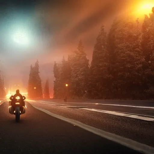 Image similar to A lonesome wanderer riding a motorcycle, dark uncanny road to a huge hive city sparkling with city lights, dark clouds, descent into madness, death, i am the night, realistic 4k octane beautifully detailed render, 4k post-processing, highly detailed, intricate complexity, epic composition, magical atmosphere, cinematic lighting, masterpiece, ultra hd