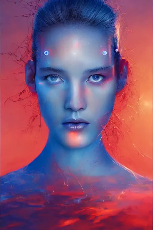 Image similar to 3 d, sci - fi, sunrise, sleepy fashion model face, cinematic, blue faces, vogue cover style, poster art, light red and deep blue mood, realistic painting, intricate oil painting, high detail, figurative art, multiple exposure, poster art, 3 d, by tooth wu and wlop and beeple and greg rutkowski
