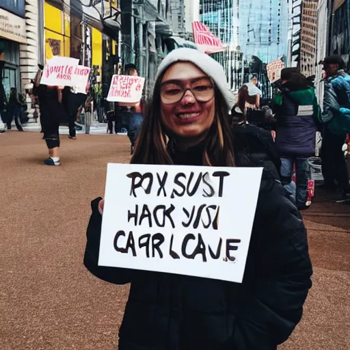 Image similar to a person holding a sign that says