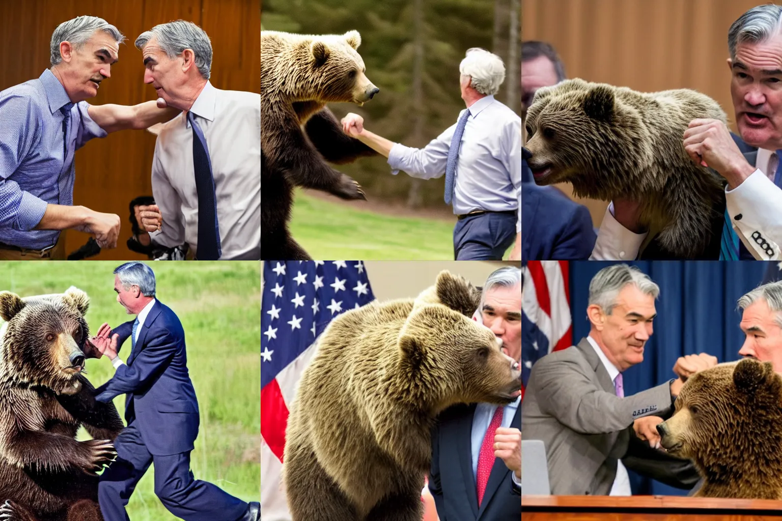 Prompt: photo of Jerome Powell punching a grizzly bear