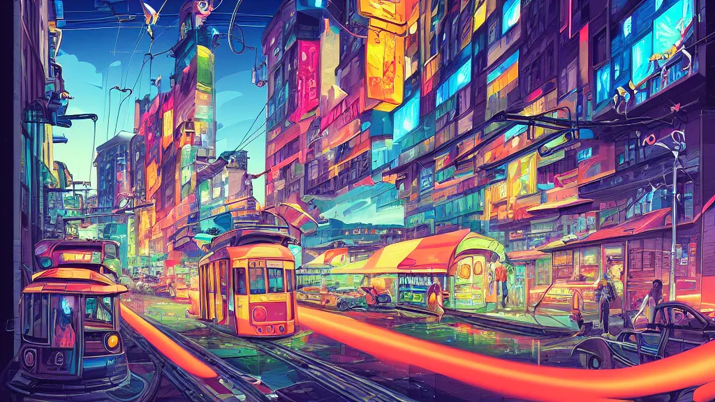 Image similar to street view of the city at night by cyril rolando and naomi okubo and dan mumford and zaha hadid. flying cars. advertisements. neon. tram.