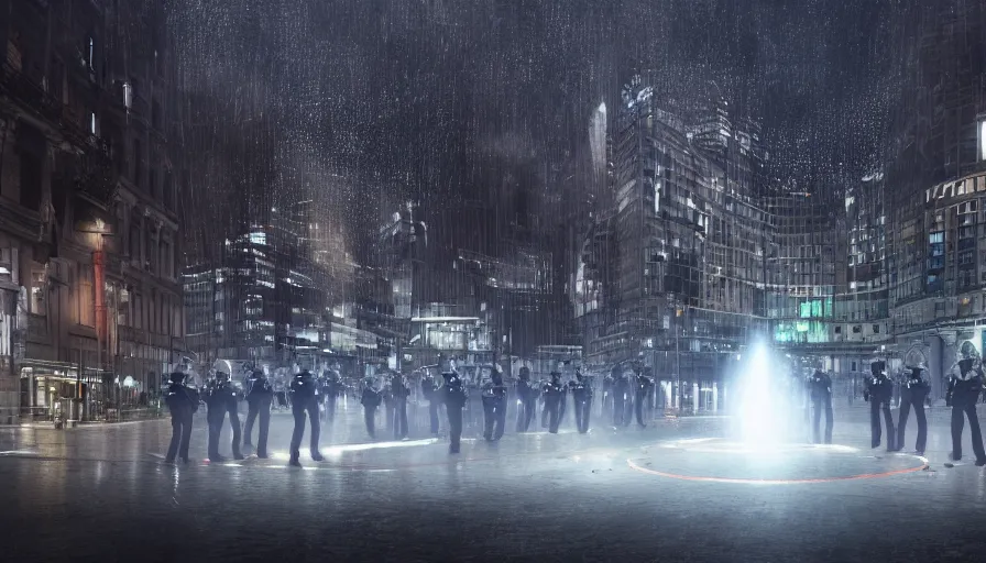 Image similar to policemen protect a huge spiral - shaped luminous object right in the center of the city from protesting people, night, rain and light fog, professional lighting, concept art in 3 d, high detail, professional lighting