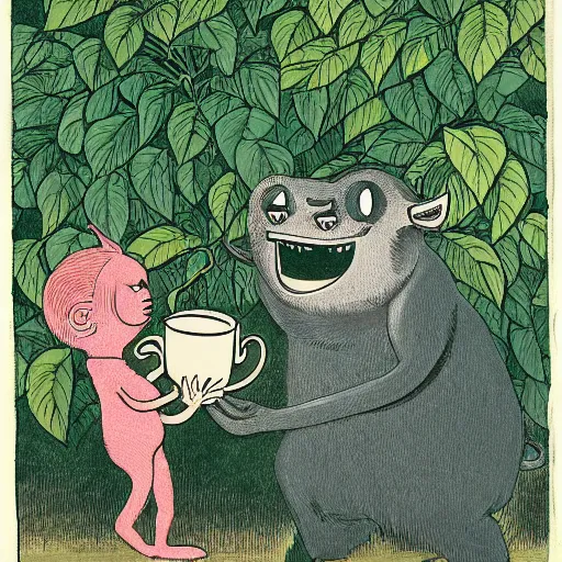 Prompt: highly detailed illustration of a monster smiling and dancing around a beautiful steaming cups of coffee, amongst coffee trees and flowers, in the style of Japanese illustration, Maurice Sendak, Tove Jansson