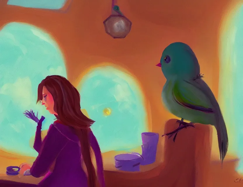 Image similar to bird witch girl in a cozy study. complementary colors, oil painting, indie concept art, bloom, chiaroscuro, backlighting.