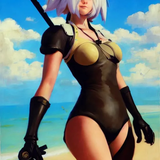 Prompt: greg manchess portrait painting of 2 b nier automata as tracer from overwatch in a bikini on the beach, organic painting, sunny day, matte painting, bold shapes, hard edges, street art, trending on artstation, by huang guangjian and gil elvgren and sachin teng