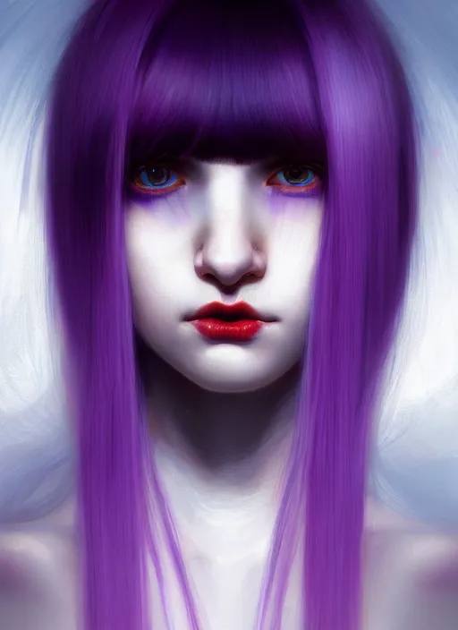 Image similar to hair whitebangs hair, black hair, whitebangs, portrait of teenage girl with white bangs, red irises, purple clothes, white bangs, bangs are different color from hair, intricate, elegant, glowing lights, highly detailed, digital painting, artstation, concept art, smooth, sharp focus, illustration, art by wlop, mars ravelo and greg rutkowski