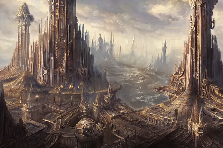 Image similar to a beautiful and insanely detailed matte painting of an advanced sprawling civilization with surreal architecture designed by akihiko yoshida!, whimsical!!, epic scale, intricate details, sense of awe, elite, fantasy realism, complex layered composition!!