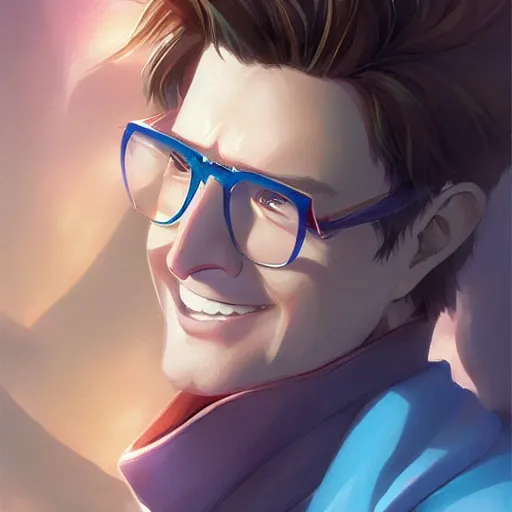 Prompt: An anime portrait of cute smiling blonde Nathan Fillion with stunning blue eyes and glasses by Stanley Artgerm Lau, WLOP, Rossdraws, James Jean, Andrei Riabovitchev, Marc Simonetti, and Sakimichan, tranding on artstation